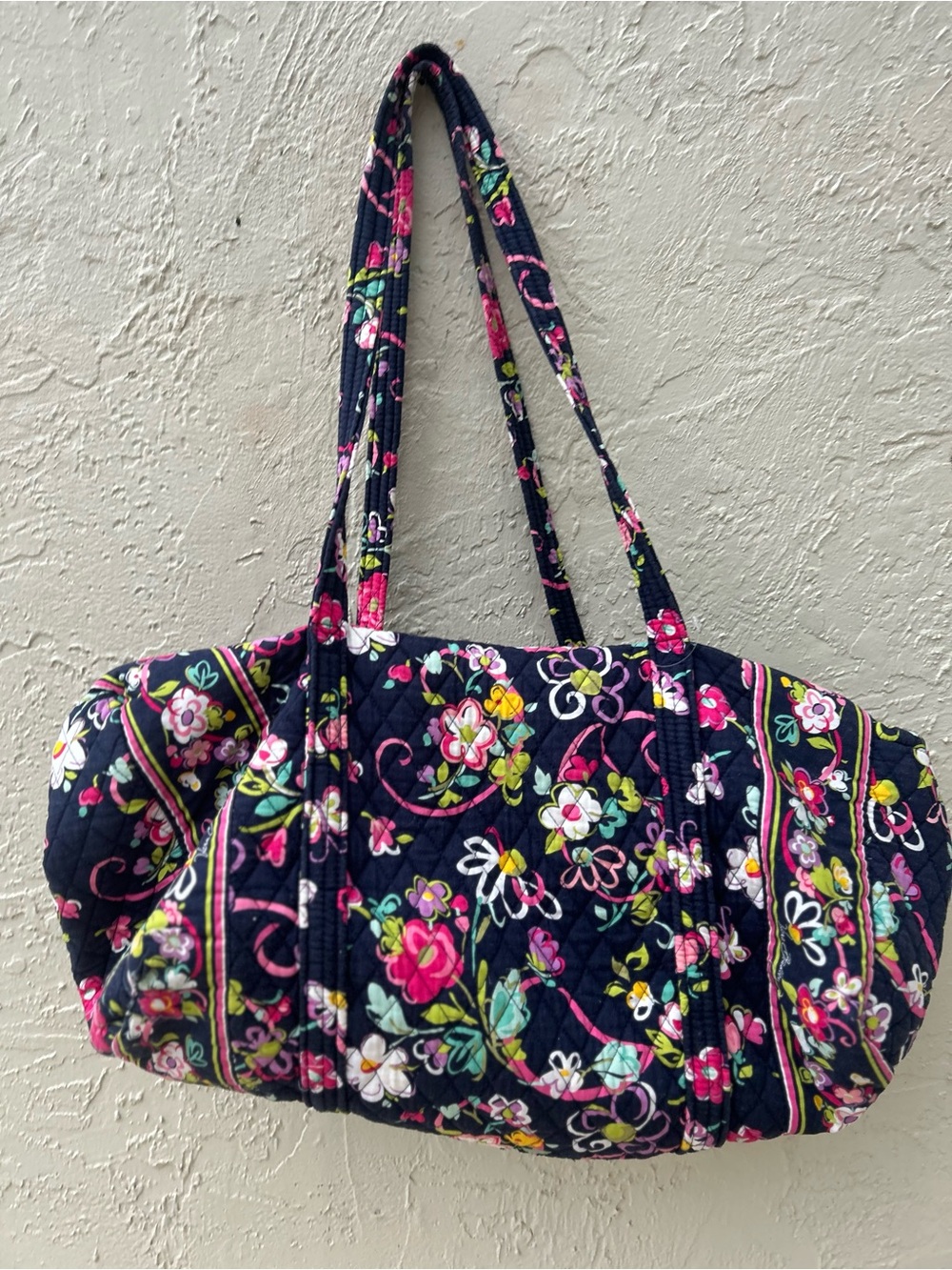 Vera Bradley large travel duffle bag in a quilted navy blue “Ribbon